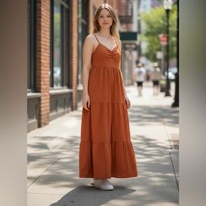 Women’s Tiered Maxi Dress – Rust Orange